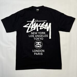 New Stussy World Tour Tee Shirt Black Mens Size Medium Double Sided Logo 2025
